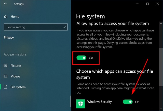 Enable or Disable File System Access for Apps in Windows 10