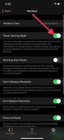 Enable power saving mode on Apple Watch