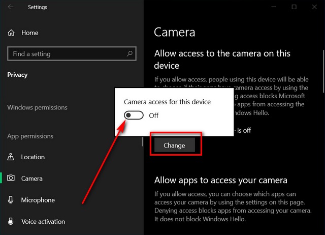 Enable/Disable Camera Permissions in Windows 10
