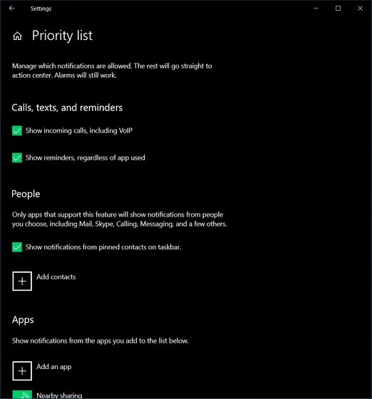 priority focus assistant settings only mute notifications temporarily