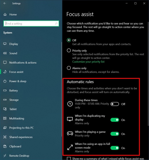 focus assist settings automatic rules