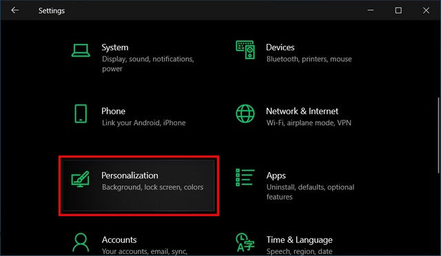 windows 10 settings personalization 