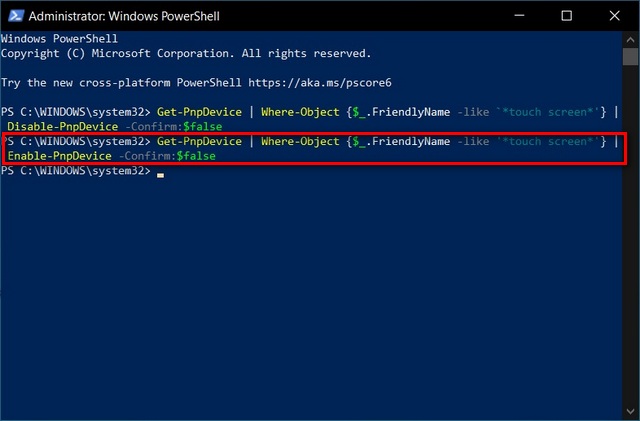 PowerShell Enable Touchscreen in Windows 10