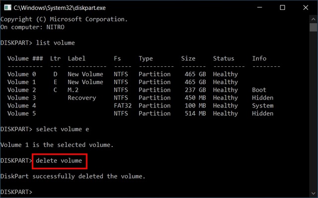 delete volume Merge Multiple Hard Disk Partitions Using Diskpart