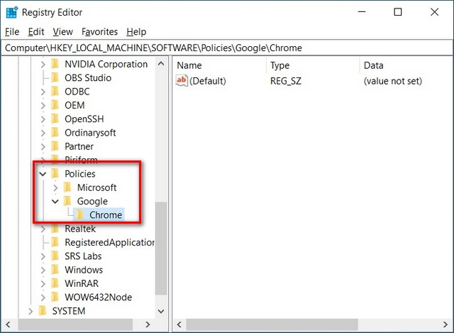 regedit create new key Google Chrome