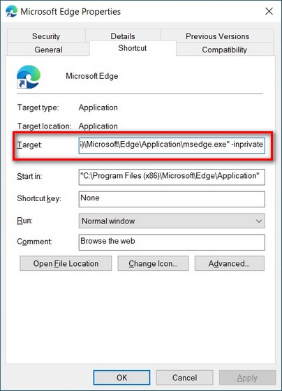 Open Microsoft Edge Chromium in InPrivate Mode