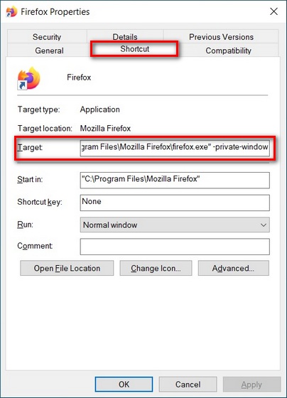 firefox private mode shortcut