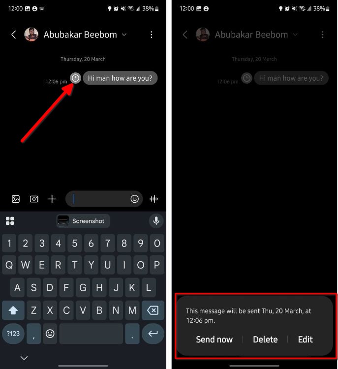 Samsung messages with option to edit the scheduled messages