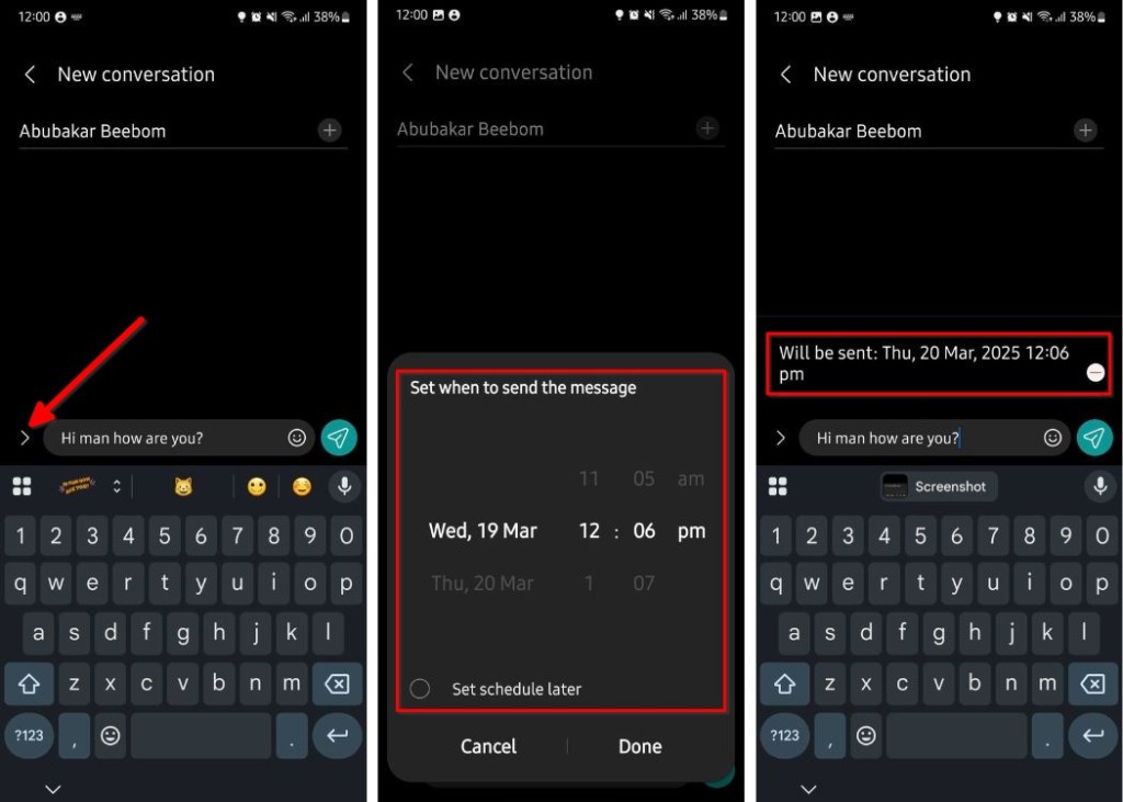 Samsung messages app with option to schedule messages