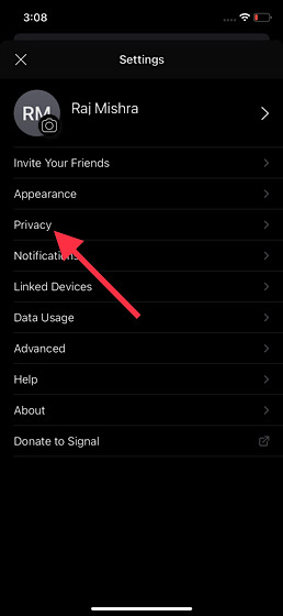 Tap on Privacy option