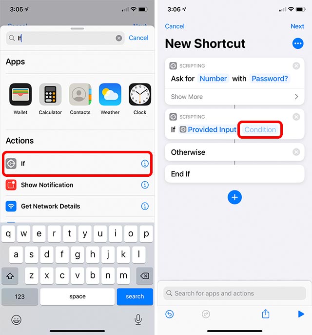 add if condition statement to shortcut