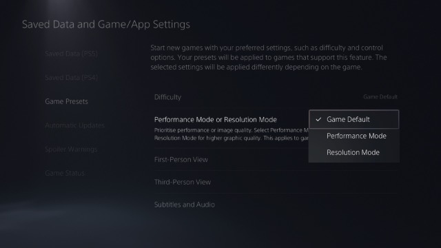 choose game preset resolution or performance