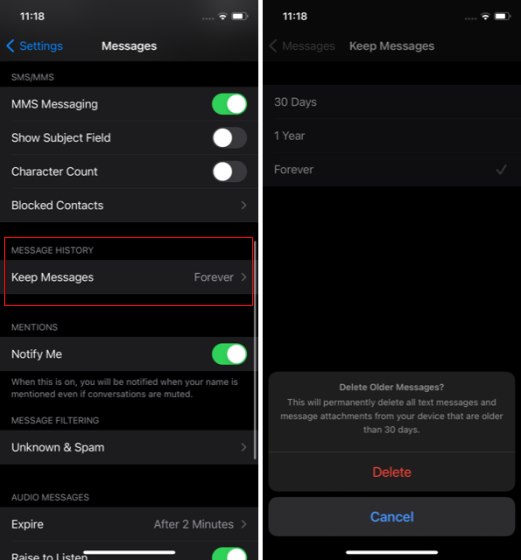 delete SMS on iPhone automatically