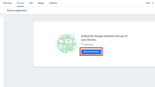 device registration page for assistant