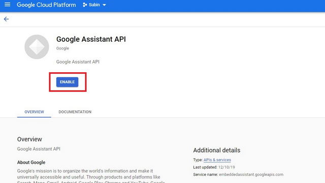 включить API Google Ассистента