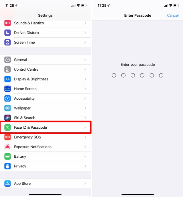 iphone settings face id and passcode