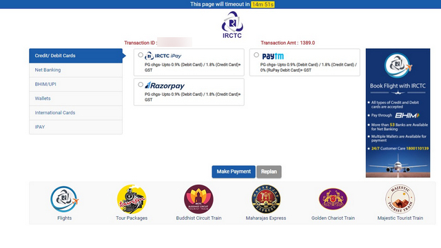 irctc bus website payment modes