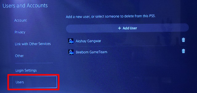users in settings