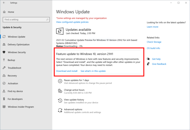windows 10 21H1 update notification