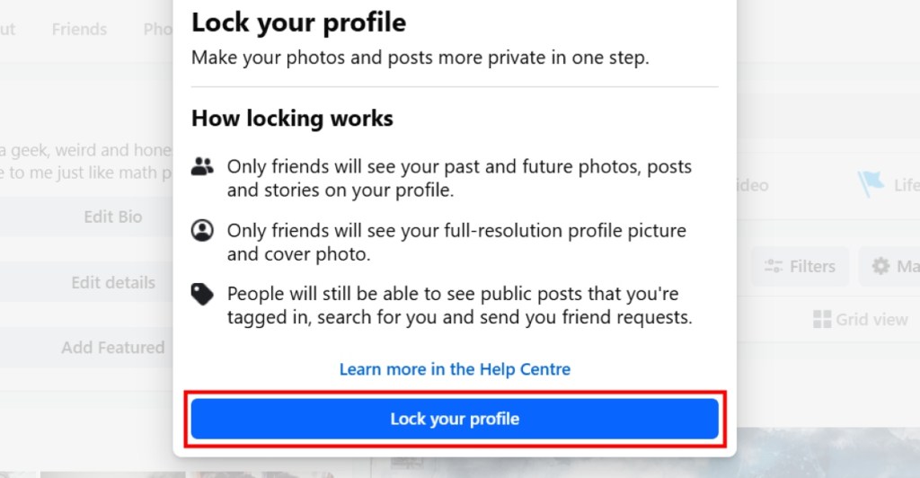 Confirm Lock Facebook Profile in Web Version