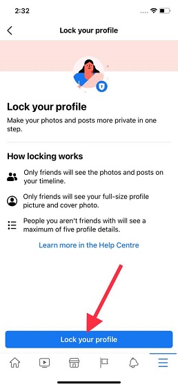 Confirm that you want to lock your Facebook profile