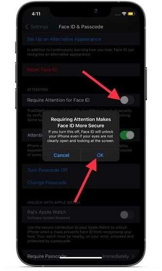 Disable Require attention for Face ID