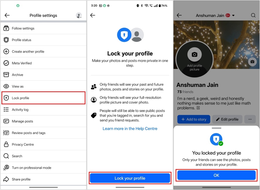 Lock Your Facebook Profile on Android Version