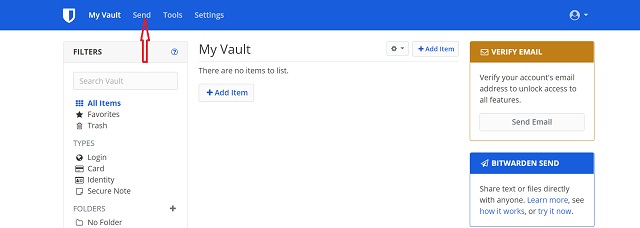 Нажмите Bitwarden Send.