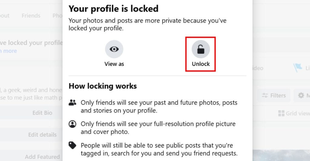 Pick Unlock Option in the Facebook Confirmation Page