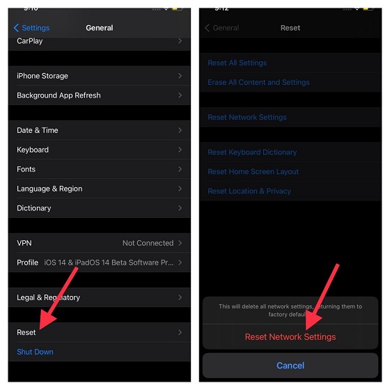 Reset network settings on iPhone