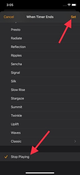 اضغط على Set for the sleep timer