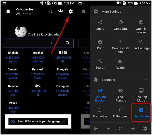 Dark Mode for Wikipedia lite app