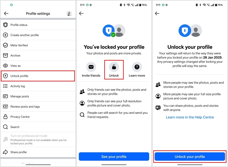 Unlock Facebook Profile on Android version