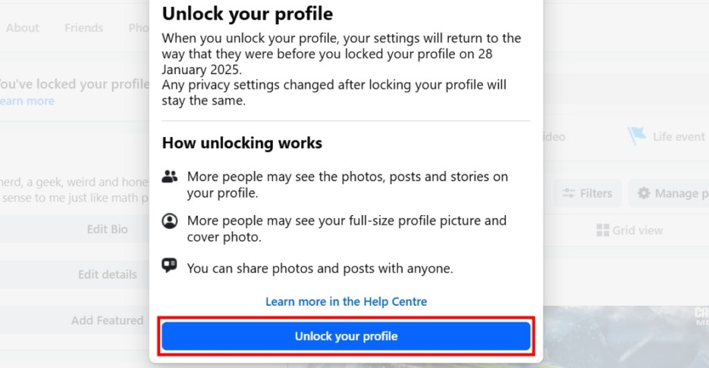 Unlock Your Profile Confirmation Button