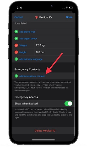 add emergency contact on iPhone