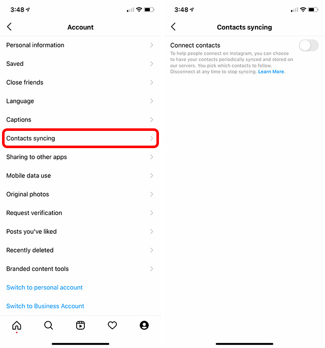 disable contacts syncing in instagram app