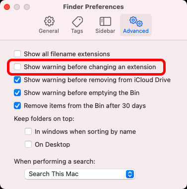 отключить предупреждение об изменении расширения файла на Mac