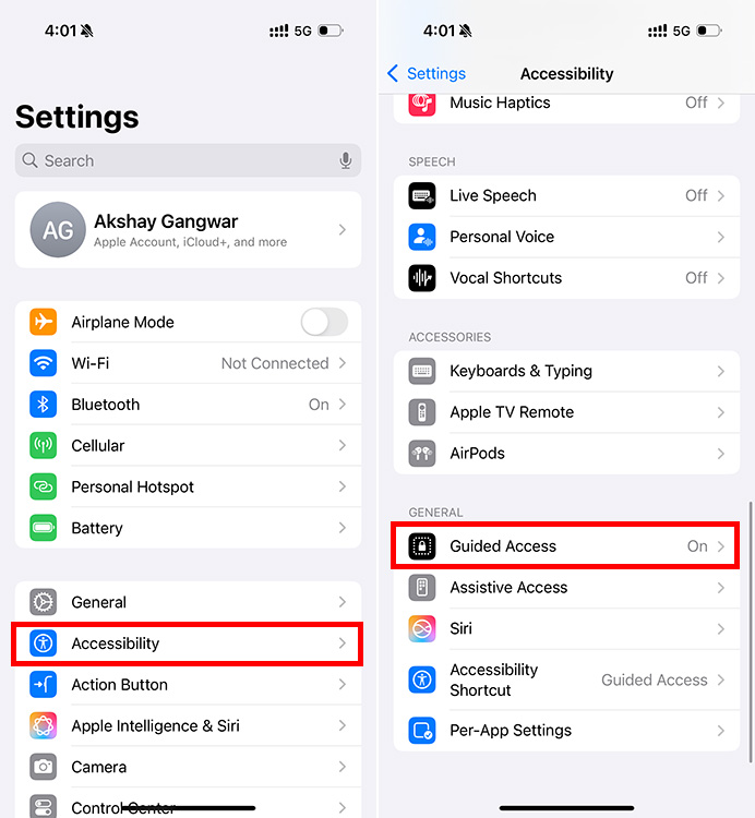 iPhone settings app with accessibility settings and guided access highlighted