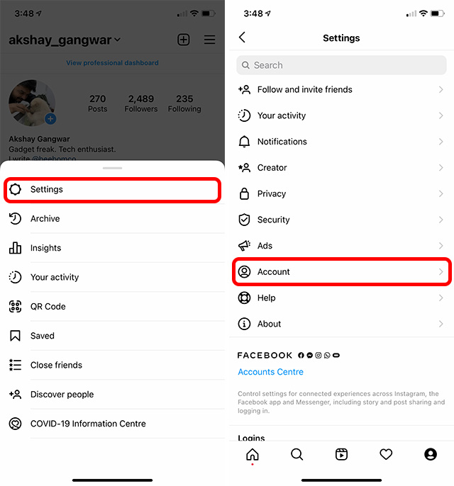 instagram app account settings