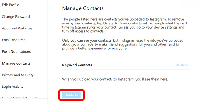 delete contacts from instagram