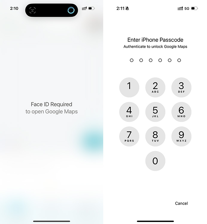 locked app on iPhone requesting Face ID or passcode to unlock