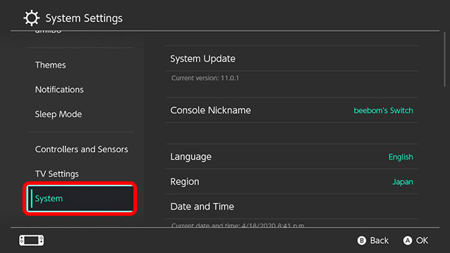 system settings nintendo switch