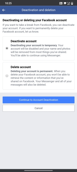 what does a deactivated facebook account look like on messenger