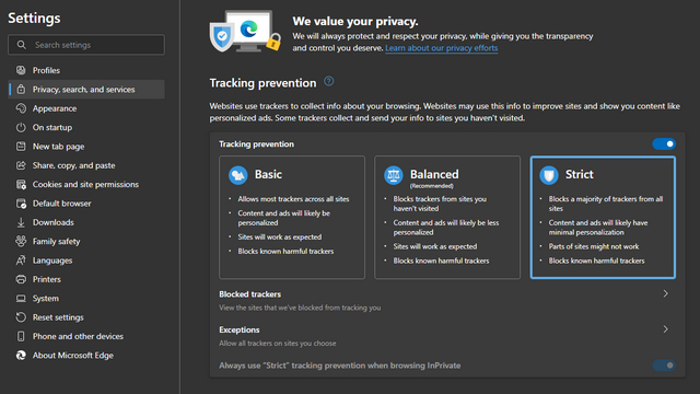 Configure Tracking Prevention