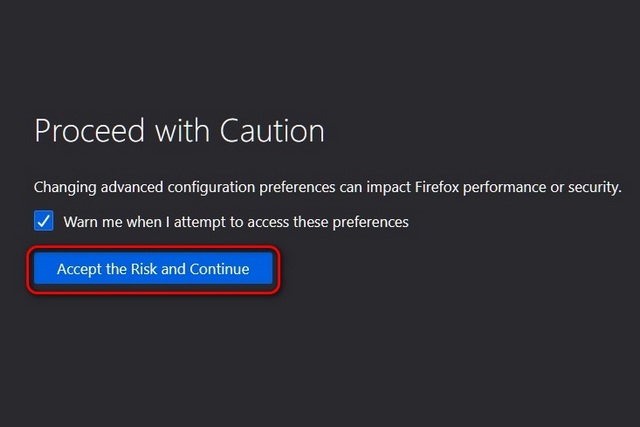 Firefox about:config warning