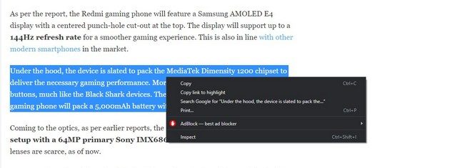 Google copy link to highlighted text 