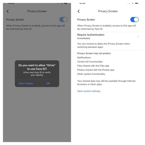 Lock Google Drive using Face ID and Touch ID