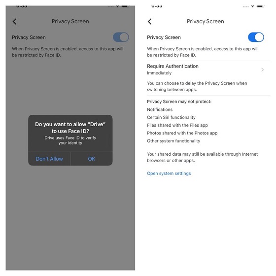 قفل Google Drive باستخدام Face ID و Touch ID