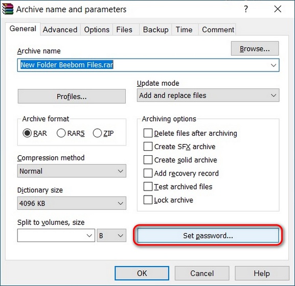Use WinRAR to password protect folders in Windows 10