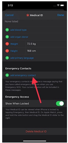 add emergency contacts to Health